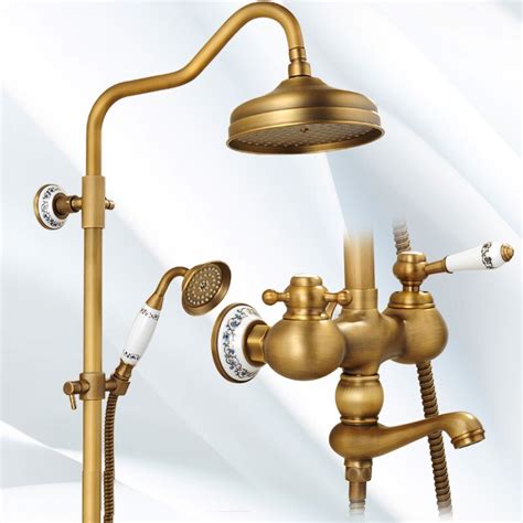 Antique Brass Bathroom Rainfall Shower Faucet Set Luxury Ceramic Gold Plating Mixer Taps With