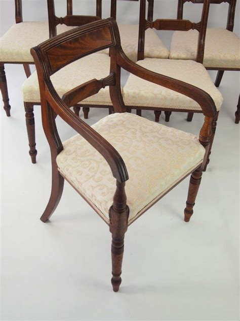 Featuring a curved high back, plush cushioned seat and deeply tufted velvet upholstery studded with nailheads, this dining chair is. Set 6 Antique Regency Mahogany Dining Chairs For Sale