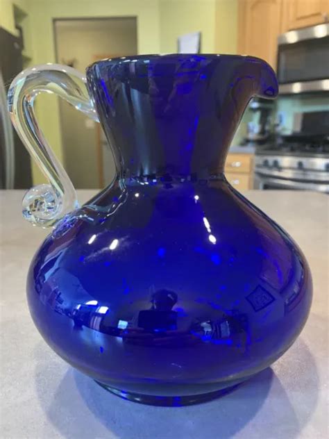 vintage wanda poland hand blown glass cobalt blue pitcher vase applied handle 34 00 picclick