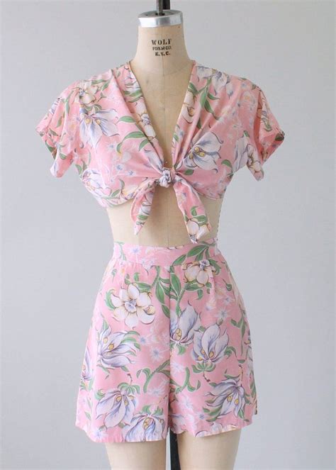 Vintage 1940s Two Piece Pink Floral Playsuit In 2020 Vintage Playsuit Floral Playsuit