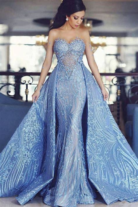 Detachable Train Mermaid Formal Evening Dresses Blue Appliques Prom Go