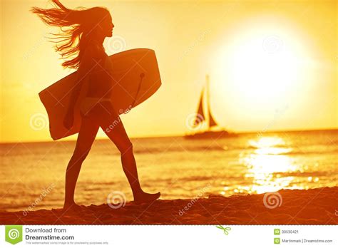 Summer Woman Body Surfer Beach Fun At Sunset Stock Image Image Of Happy Beach