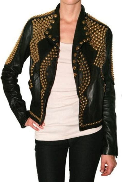 Women Golden Studded Leather Jacket