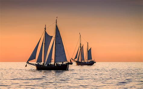 Sailboats Sea Sunset Waves Red Sky Boats Hd Wallpaper Peakpx