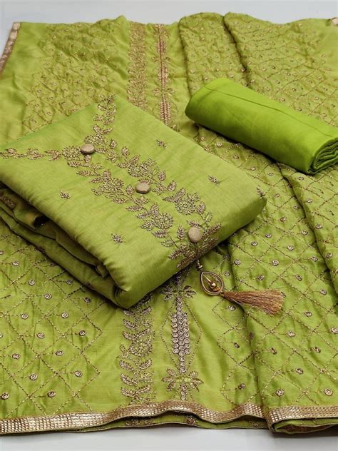 Arnika Fabrics 44 45 Green Unstitched Ladies Embroidered Cotton Suit