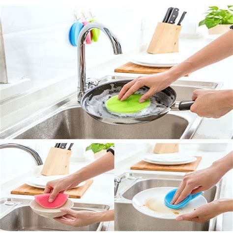 Kitchen fixtures include sinks for rinsing food and washing the dishes, benches on which food is prepared, and drawers in which kitchen utensils and eating utensils are kept. 3 Colos Silicone Dish Washing Sponge Scrubbers Vegetable ...