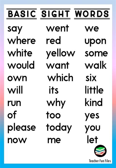 Teacher Fun Files Basic Sight Words Chart