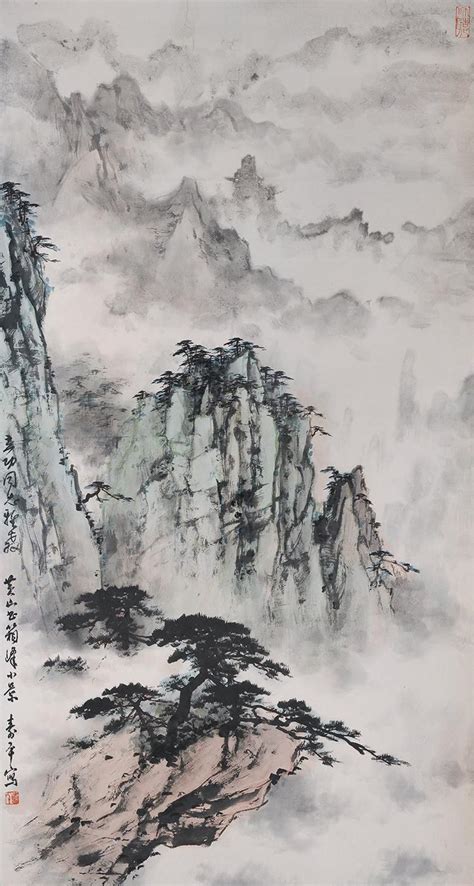 Mount Huangshan Minimal Gray Tones Mountain Brush Painting Etsy