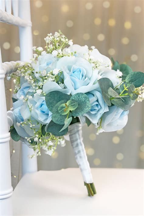 Wedding Bouquet Light Blue Rose Babies Breath And Eucalyptus