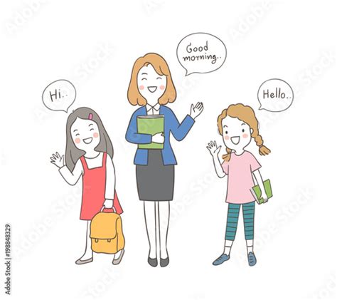 Draw Vector Illustration Character Happy Girls Holding Book And Teacher