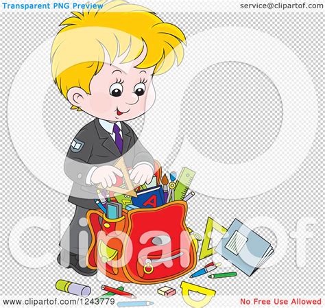 Clipart Of A Blond School Boy Packing Supplies In A Bag Royalty Free