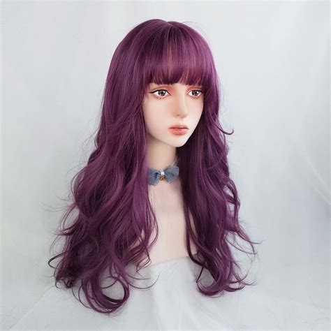 Purple Wig Long Wavy Wig With Air Bangs Heat Resistant Wig Etsy