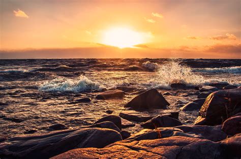 Sunset Sea Rocks Stones Waves Landscape Wallpaper 4101x2713 505612