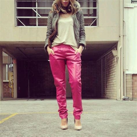 Pink Leather Pants Casual Jacket Tee Fab Chic Streeet Style