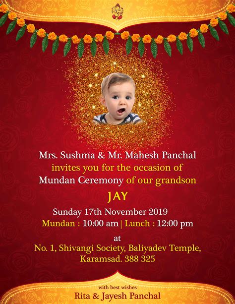 Select a template and edit freely to design a. Mundan ceremony invitation card. Design for all age group ...