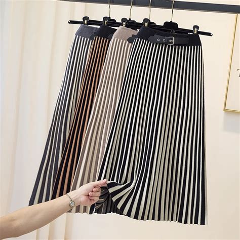 TIGENA Slim Striped Knitted Midi Long Skirt For Women 2023 Fall Winter