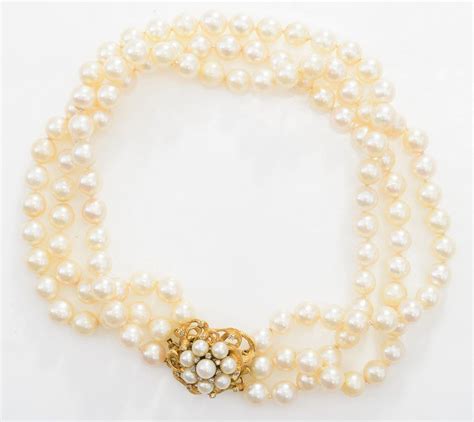 Triple Strand Pearl Necklace With Diamond Clasp Necklacechain