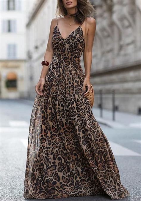Brown Leopard Print Spaghetti Strap Deep V Neck Flowy Bohemian Beach Party Maxi Dress Leopard