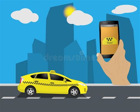 Taxi Service Yellow Taxi Cab Hands With Smartphone And Taxi