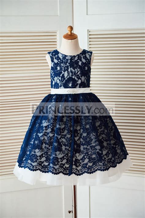 Navy Blue Lace Ivory Tulle Wedding Flower Girl Dress With