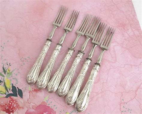 6 Antique Fruit Forks 800 Silver Handles Silver Plated Tines