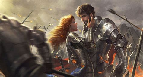 Fantasy Art Woman Warrior Blue Eyes Beautiful Male Love Couple Swords