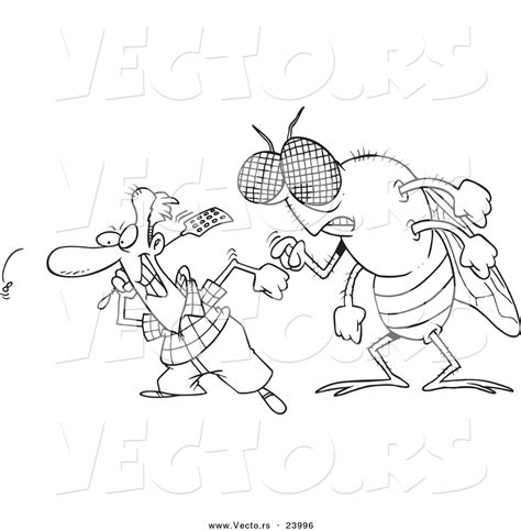Vector Of A Cartoon Huge Fly Behind A Man Swatting Flies Coloring Page Outline By Toonaday