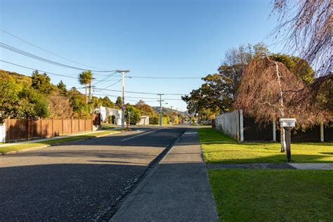 Calm New Zealand Neighborhood Street At Sunset Stock Photo Image Of