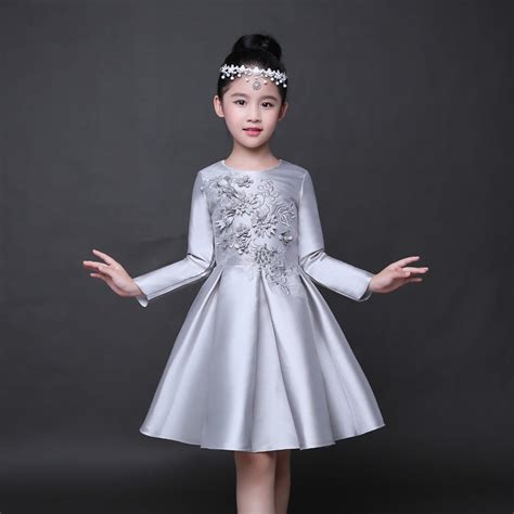 Trendy Long Sleeves Flower Girl Dress Children Silver Satin Party