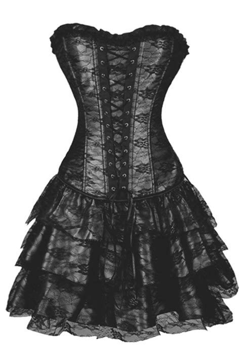Gorgeous Black Waist Training Corset Dress With Floral Lace Overlay And Ruffle Layered Skirt