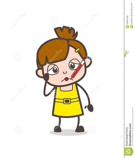Sick Kid With Fever Thermometer Cute Cartoon Girl Vector