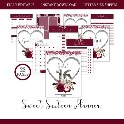 Sweet Sixteen Printable Planner Sweet 16 Us Letter Worksheets