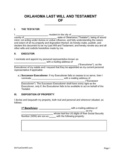 Free Oklahoma Last Will And Testament Form Pdf Word Odt