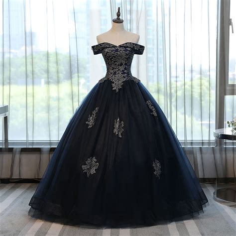 Fashion Long Navy Blue Tulle Ball Gown Quinceanera Dress With Gold Lace