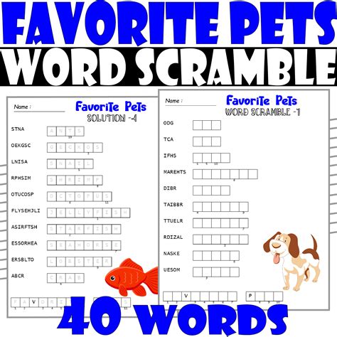 Favorite Pets Word Scramble Puzzle All About Pets Word Scramble