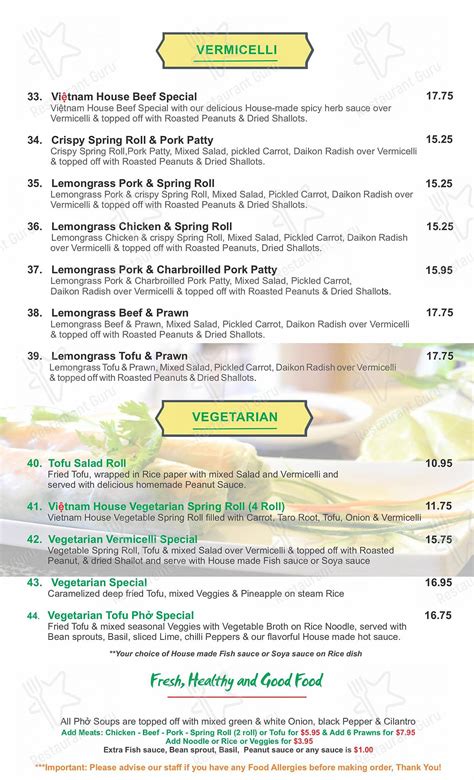 Menu at Vietnam House Restaurant, Victoria, Quadra St