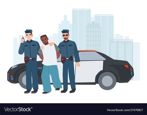 Two Policemen In Uniform Standing Near Police Car Vector Image