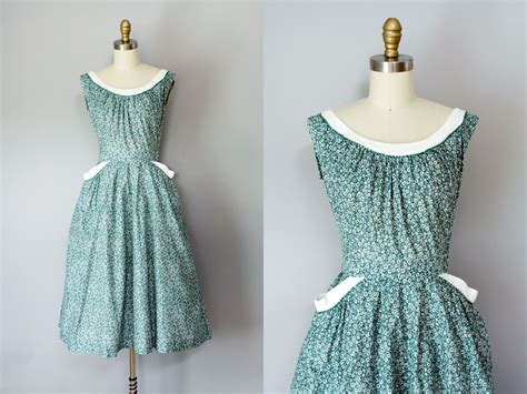 early 1950s cotton day dress with pockets green floral full skirt dress xs 78 00 via etsy