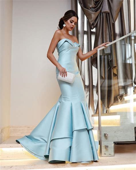 Simple Elegant Baby Blue Mermaid Prom Gowns 2018 Long Ruffles Formal