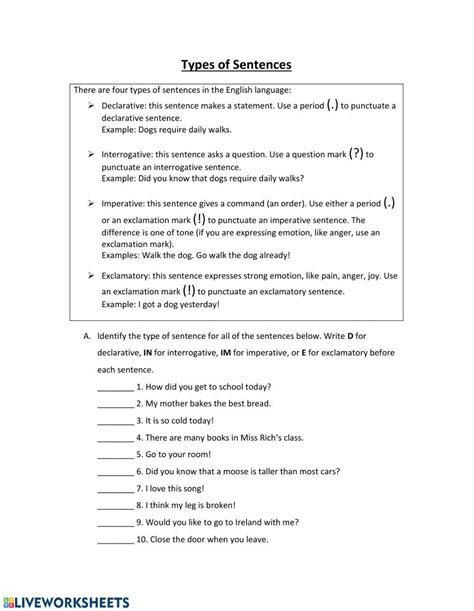 Types Of Sentences Worksheet Live Worksheets