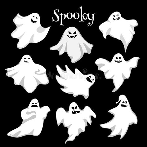 Scary White Ghosts Design On Black Background Halloween Celebration