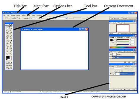 Draw A Neat Sketch Of Photoshop Application Window Explain Its Parts