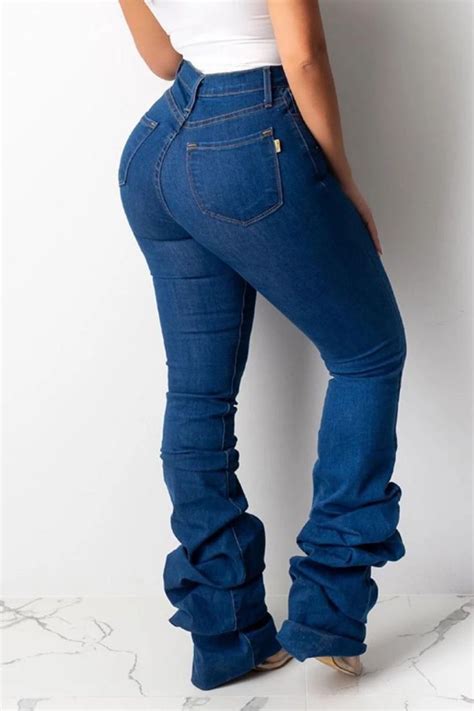 Solid High Waist Ruched Jeans Apple Bottom Jeans Denim Fashion