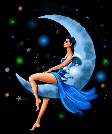 Woman On The Moon Stock Illustration Illustration Of Crescent 183347841