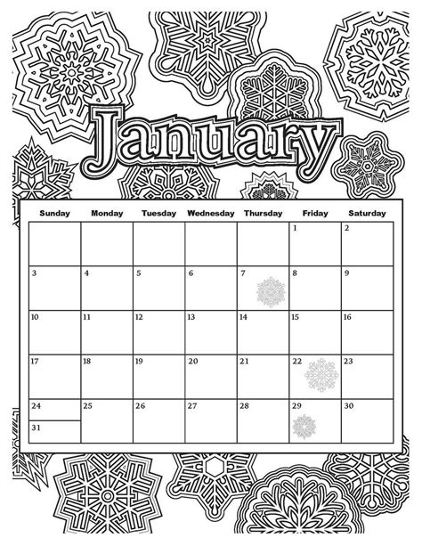 January Calendar With Winter Mandala Theme Coloring Page