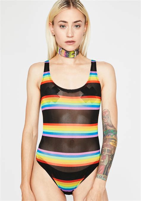 Rainbow Striped Sheer Bodysuit Dolls Kill