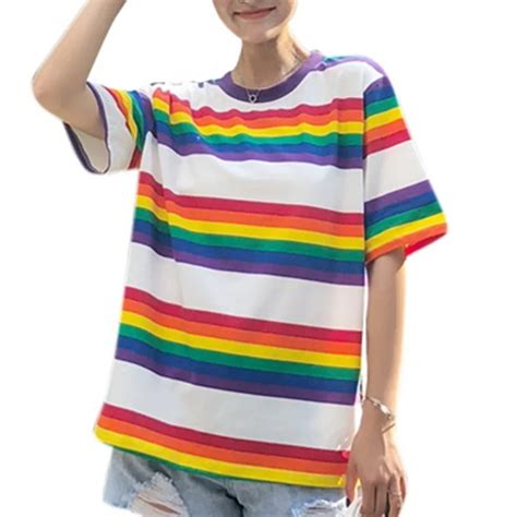 Korean Fashion Rainbow Shirts Women 2018 Short Sleeve Crop Top Oversized T Shirt Kawaii Graphic