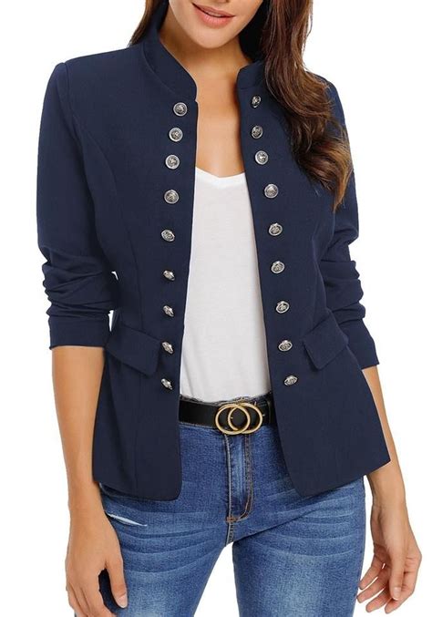navy stand collar open front blazer lookbook store blue blazer outfit blazer outfits casual