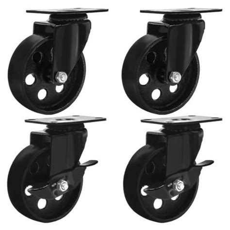 4 All Black Metal Swivel Plate Caster Wheels W Brake Lock Heavy Duty