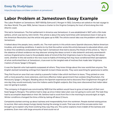 Labor Problem At Jamestown Essay Example